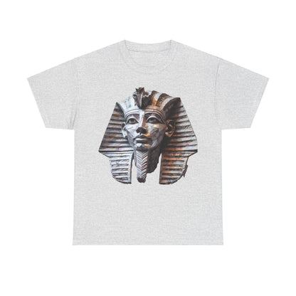 Pharaoh’s Gaze Unisex Graphic Tee - Luxurious Cotton T-Shirt showcasing an intricate Egyptian pharaoh head graphic on a light grey background, perfect for art and history enthusiasts.