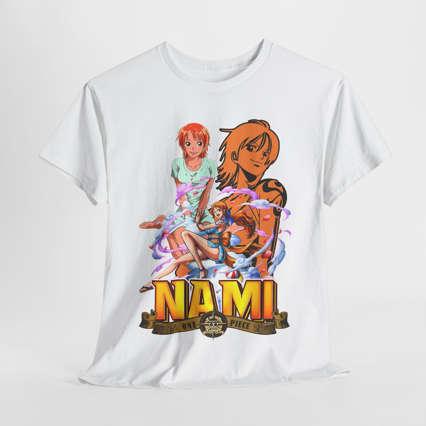 Dramatic display of a white men's t-shirt featuring enchanting Nami designs from One Piece, crafted for a statement in casual wear.