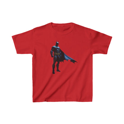 Kids Batman Heavy Cotton T-Shirt in vibrant red featuring the iconic Batman design, perfect for stylish superhero adventures.