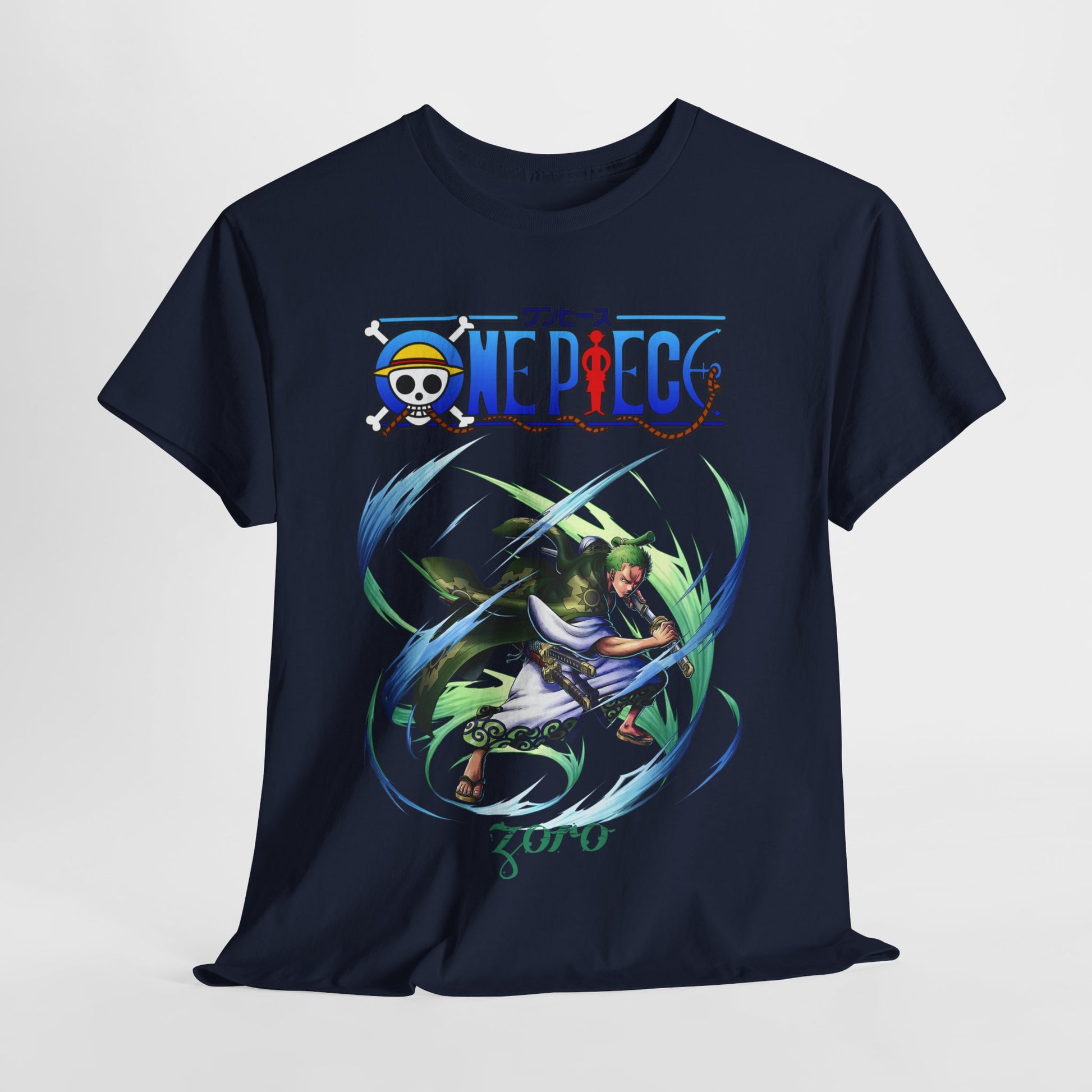 Luxurious navy men's t-shirt featuring Zoro from One Piece in an action pose, adorned with an eye-catching design and vibrant energy trails, perfect for anime enthusiasts.