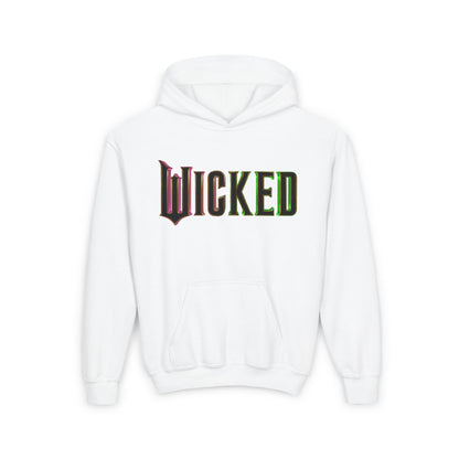 Childs Wicked Film Graphic Pullover Hoodie featuring the iconic 'Wicked' logo in vibrant colours, designed for kids and youths, perfect for stylish casual wear.