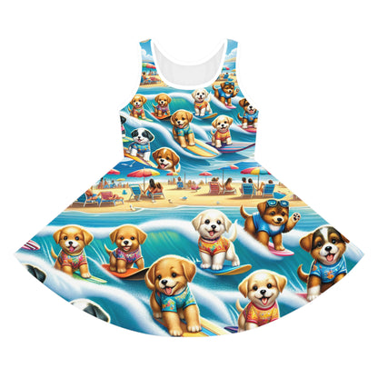Isabella Charmeuse Girls Sundress by Dazzling Dreams Studio featuring a vibrant puppy surfing print, perfect for summer style and young fashionistas.