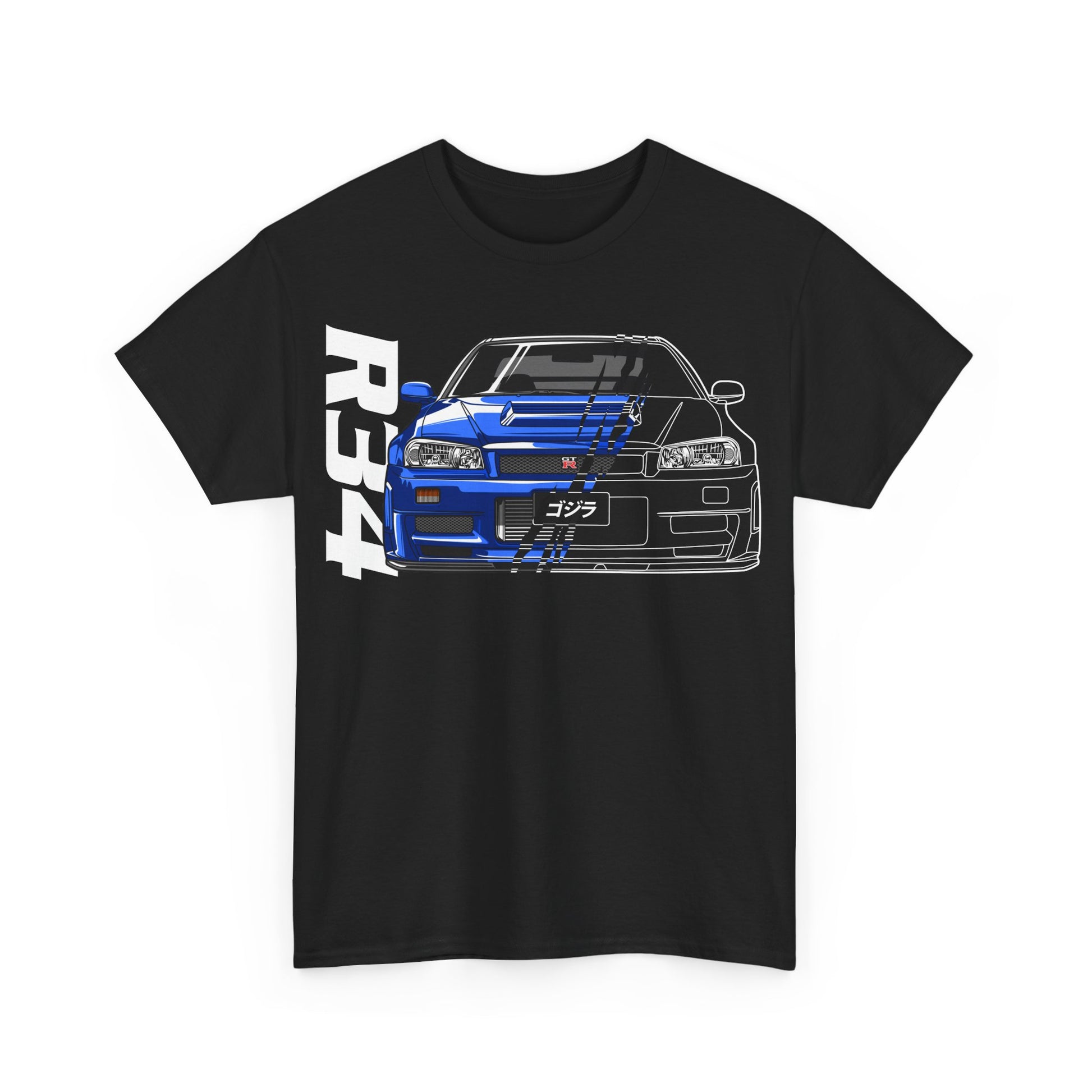 Striking front view of a designer t-shirt featuring a detailed graphic of the iconic blue Nissan Skyline GT-R, a perfect blend of automotive passion and fashion.