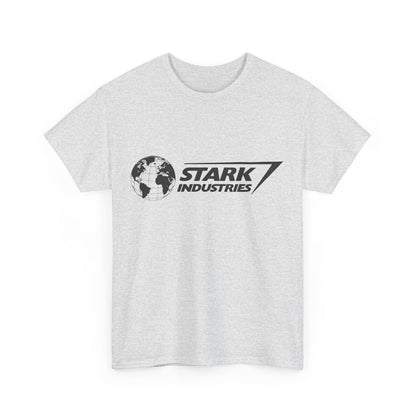 Front view of the unisex Iron Man Stark Industries Logo Graphic Tee Shirt in a chic light grey, highlighting the iconic Stark Industries branding.