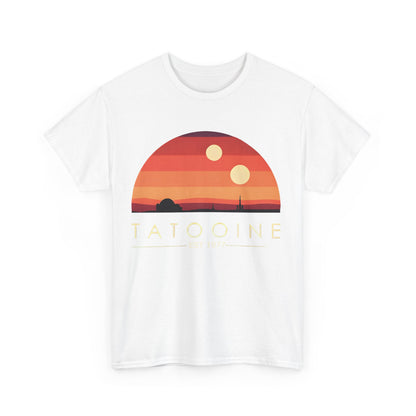 Tatooine Graphic Unisex Tee Shirt featuring a stunning sunset design with two suns, crafted from premium soft fabric, Est 1977.