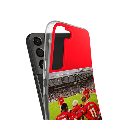 Close-up of the Manchester United Mainoo Garnach Hojlund Soft Phone Case, elegantly designed with a celebration scene that resonates with soccer aficionados.