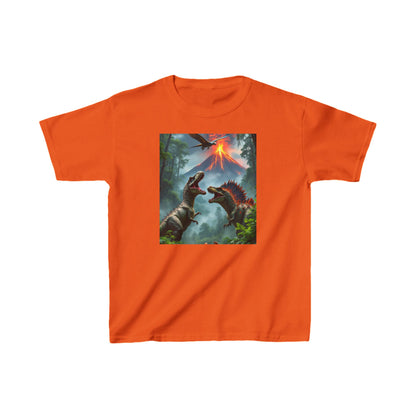 Kids Dinosaur Heavy Cotton Tee in bright orange with a striking dinosaur and volcano illustration, designed for playful exploration.