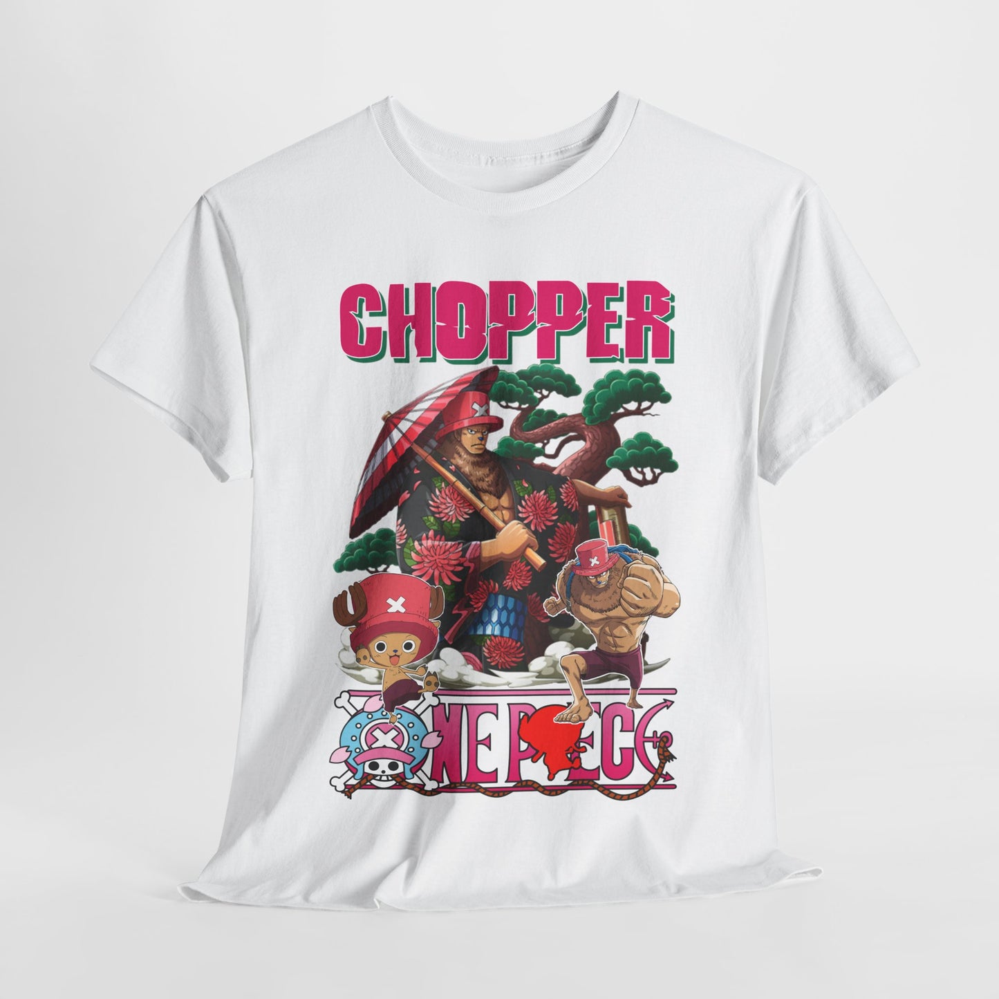 Luxurious men's graphic t-shirt featuring a striking design of Chopper and friends in vibrant anime style, perfect for fashion-forward individuals.