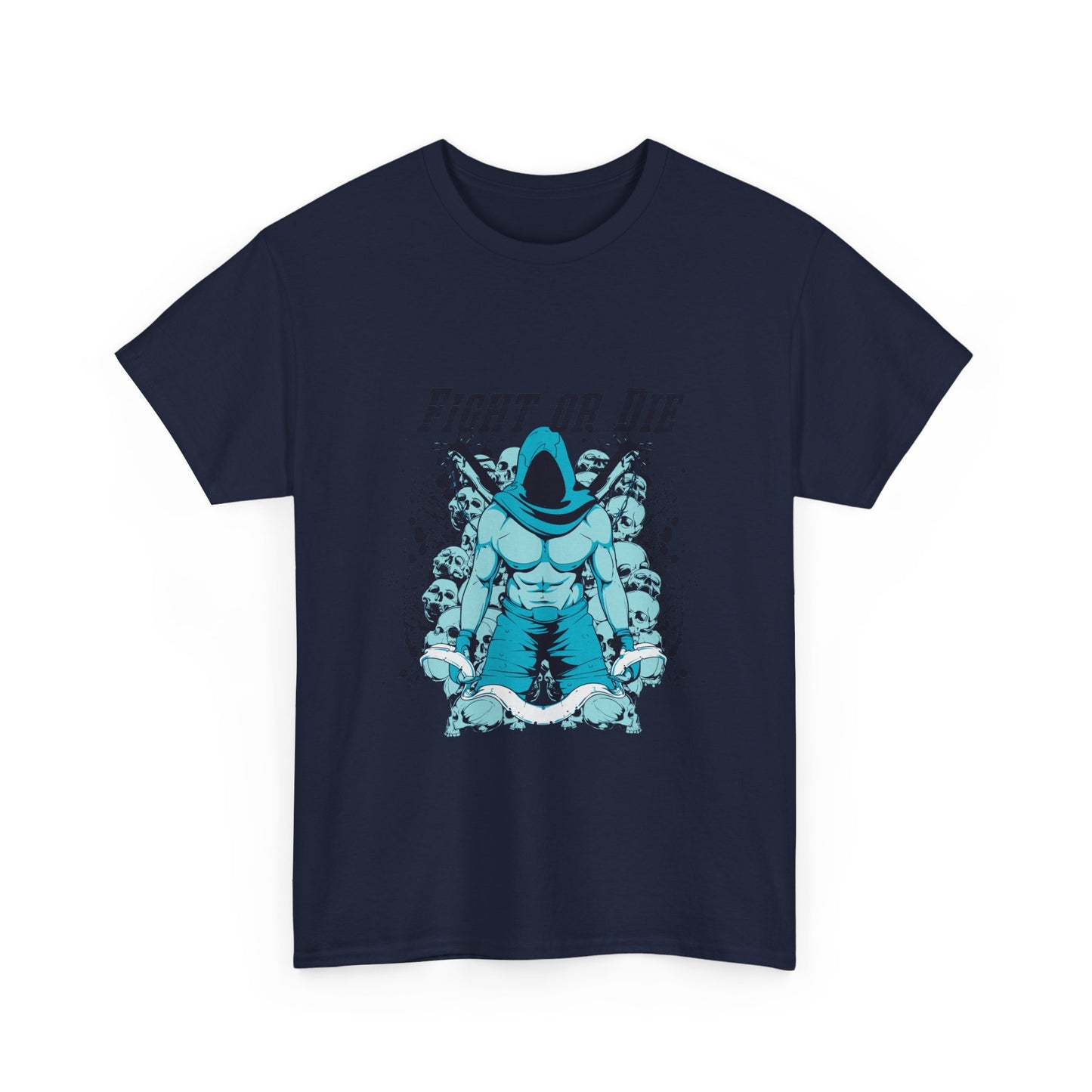FIGHT OR DIE Muscular Graphic Men's T-Shirt featuring a bold central design with a teal character in a dark robe, ideal for showcasing your fierce attitude and unyielding spirit.
