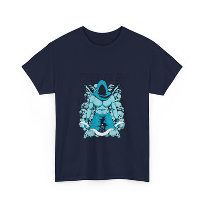FIGHT OR DIE Muscular Graphic Men's T-Shirt featuring a bold central design with a teal character in a dark robe, ideal for showcasing your fierce attitude and unyielding spirit.