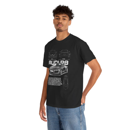Stylish black Audi R8 Blueprint T-Shirt worn by a male model, showcasing a detailed graphic of the iconic Audi R8 sports car, complemented by the dramatic typeface 'AUDI R8' in bold lettering.