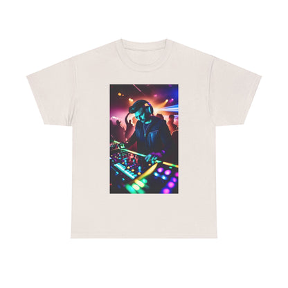 Street Monster Graphic T-Shirt in cream colour featuring a captivating visual of a DJ performing with vibrant lighting, embodying an urban streetwear aesthetic.
