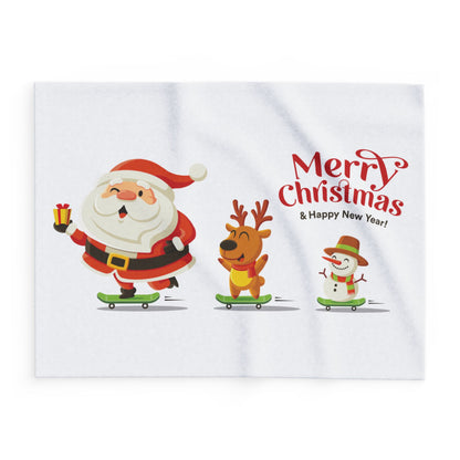 Decorative and Warm Christmas Arctic Fleece Blanket featuring a whimsical design with Santa Claus, a cheerful reindeer, and a playful snowman on skateboards, conveying festive joy and holiday spirit.