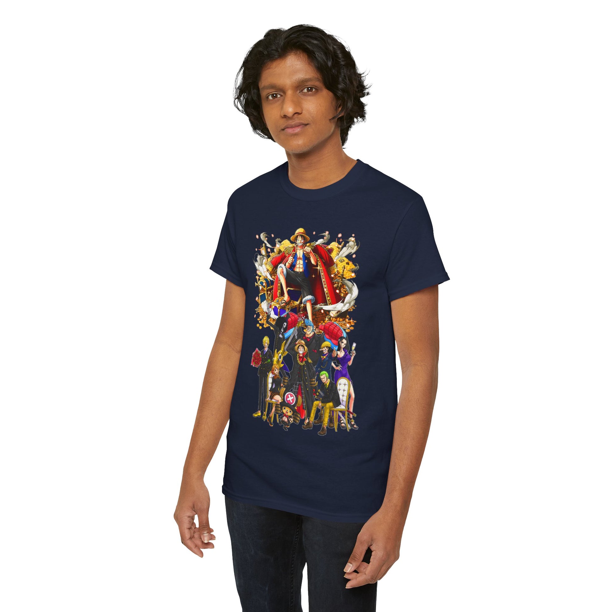 Stylish navy t-shirt displaying a bold anime art illustration of a charismatic crew, an exquisite addition to men's wardrobe.