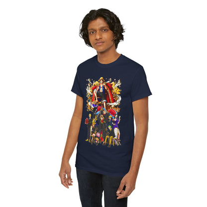 Stylish navy t-shirt displaying a bold anime art illustration of a charismatic crew, an exquisite addition to men's wardrobe.