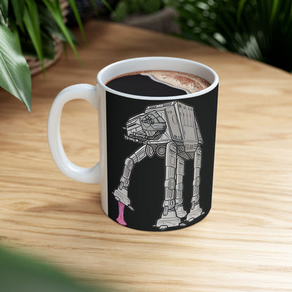 Elegant portrayal of the Rebel Gum Star Wars Heat Changing AT-AT Coffee Mug, filled with a rich beverage, showcased on a minimalist wooden surface, enhancing any luxury kitchen or office atmosphere.