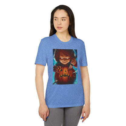 Trendy front view of a model wearing the Adidas Unisex Halloween Chucky Cute T-shirt in blue, featuring a playful Chucky design suitable for Halloween festivities.