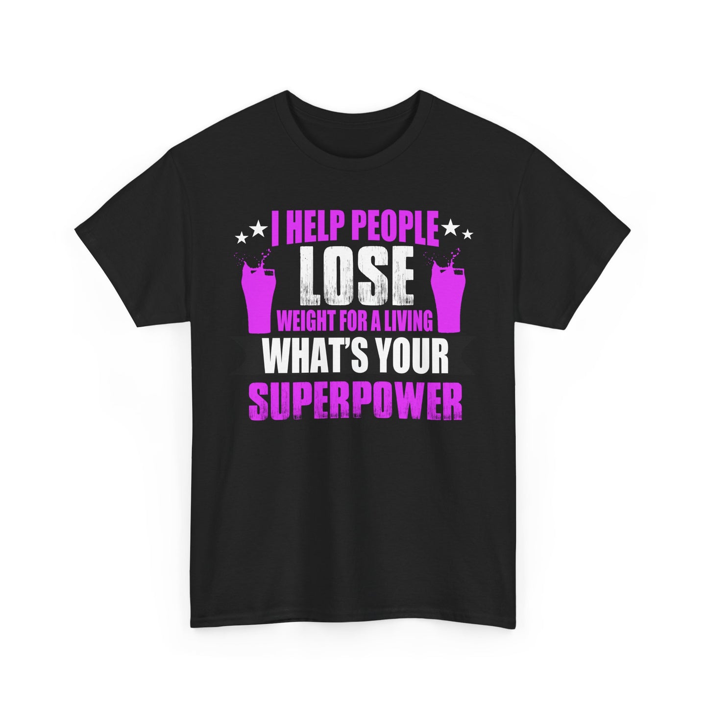 Front view of an elegant black t-shirt embellished with a powerful motivational graphic, proclaiming 'I HELP PEOPLE LOSE WEIGHT FOR A LIVING' in stylish typography.
