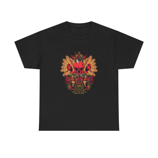 Sophisticated 'Skull of Valor' T-Shirt by Dazzling Dreams in elegant black, showcasing a striking red skull graphic surrounded by majestic golden-yellow wings and baroque detailing, embodying the powerful mantra 'Never Surrender'.