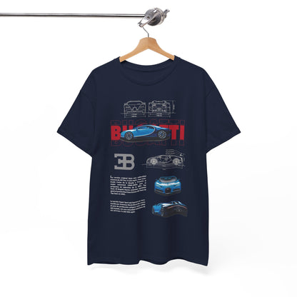 Stylishly hung Bugatti Chiron Men's T-Shirt, featuring automotive schematics and iconic Bugatti branding, set against a minimalist backdrop, representing the fusion of fashion and automotive excellence.
