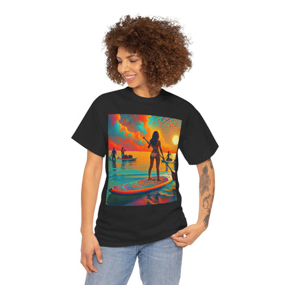 Elegant illustration on the Delightful Paddle Board T-Shirt, reflecting a stunning paddleboarding scene, crafted by Dazzling Dreams Studio for luxury adventure apparel.