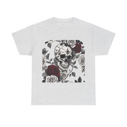 Skulls and Roses Cotton Tee in heather grey, featuring a bold steampunk skull design surrounded by vibrant roses, perfect for stylish, edgy outfits.