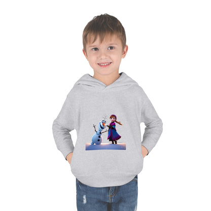 Delightful Girls Olaf Frozen Hoodie worn by a joyful child, featuring Anna and Olaf graphics, perfect for luxurious playtime and warmth.