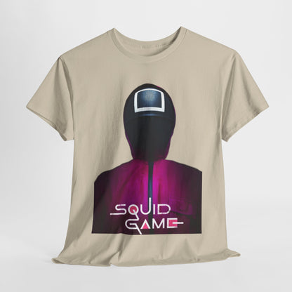 Luxurious unisex Squid Game graphic T-shirt in a stylish beige hue, featuring an iconic design from the hit Netflix series, perfect for fans and fashion enthusiasts alike.