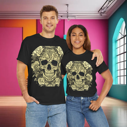 Skulls and Roses Cotton Tee unisex graphic shirt showcased on a male and female model in an elegant setting with a vibrant background. The shirt features intricate skull and rose designs, epitomising edgy luxury fashion.