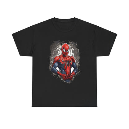 Luxury Spider-Man Graphic Tee Shirt, unisex design featuring an iconic Spider-Man illustration on a black canvas, perfect for fans looking to unleash their inner hero.