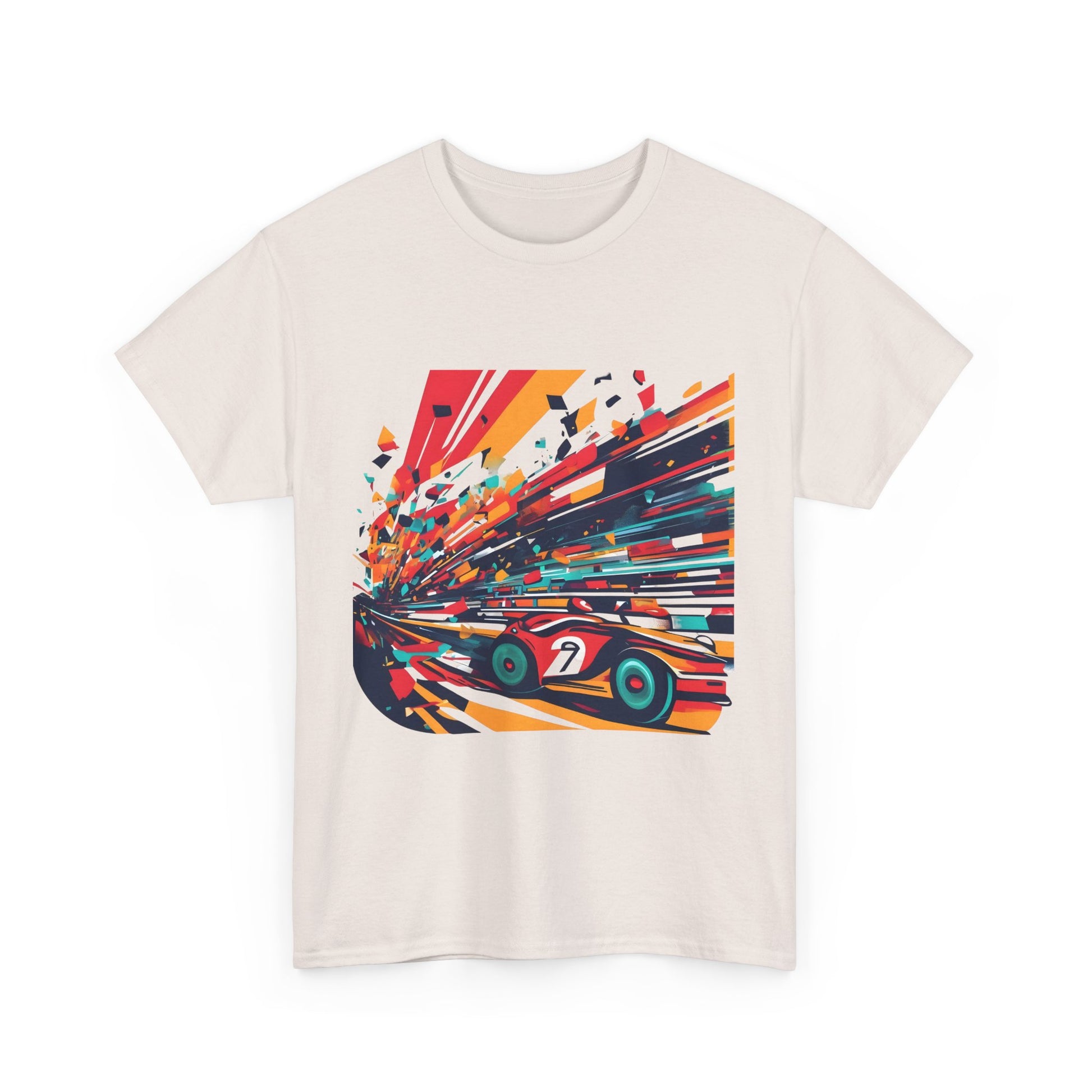 Artistic front display of a Retro Racing Vintage Car Graphic T-Shirt, featuring a vibrant racing car graphic that embodies energy and style, ideal for the modern car enthusiast.
