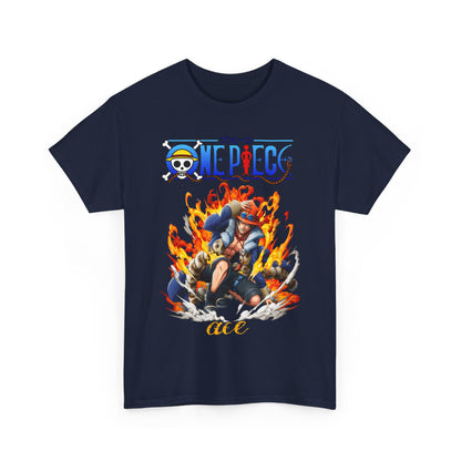 Stunning navy blue Epic Ace Men’s T-Shirt featuring vibrant artwork of Ace surrounded by flames, perfect for anime enthusiasts seeking style and sophistication.