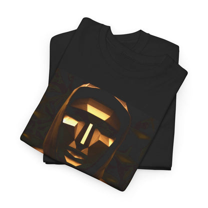 Chic folded black Squid Game T-shirts highlighting a bold graphic design of a mysterious figure, a statement piece for those daring to stand out in contemporary fashion.