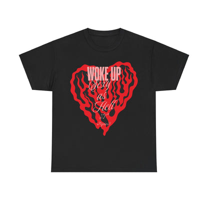Woke Up Sexy Women's Graphic T-Shirt in Black with Bold Heart Design - Soft Casual Style Tee showcasing striking red heart and playful typography.