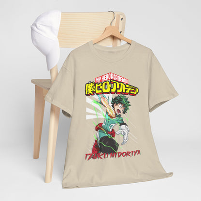 Trendy My Hero Academia Izuku Midoriya T-shirt draped over a minimalist chair, paired with a fashionable cap, exuding casual elegance.
