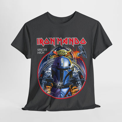 Dynamic front view of the Iron Mando Graphic Tee, illustrating the intricate artwork of a Mandalorian and a beloved character, perfect for fans of luxury geek fashion.