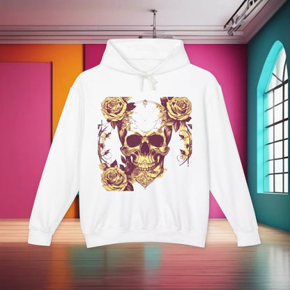 Front view of a stylish unisex lightweight hooded sweatshirt with a unique designer skull and roses print, embodying an edgy yet elegant aesthetic, ideal for making a bold statement.