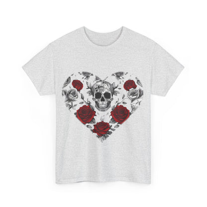 Front view of the grey variant of the Skulls and Roses Cotton Tee, Unisex Graphic Shirt, adorned with an artistic skull and rose heart graphic.