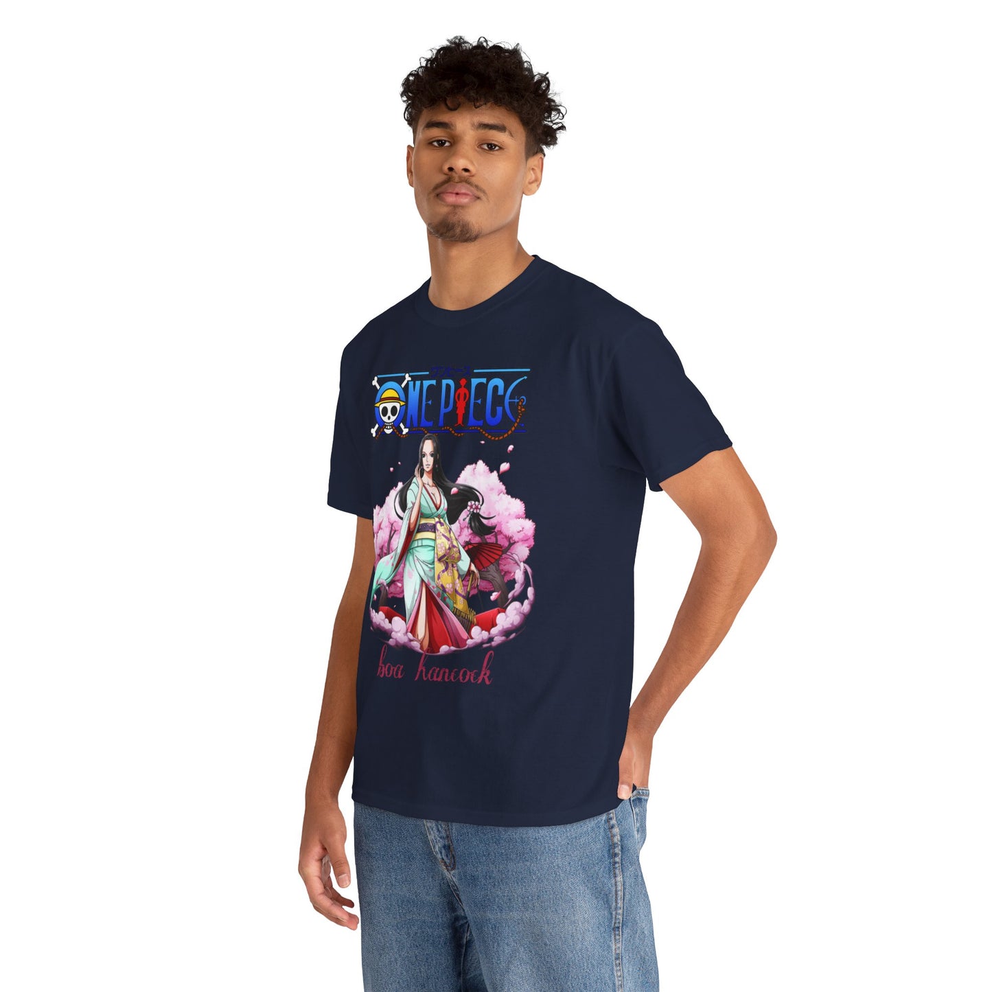 Luxurious navy blue t-shirt featuring an elegant design inspired by anime character Boa Hancock, showcasing intricate floral patterns and a captivating illustration, perfect for anime enthusiasts.