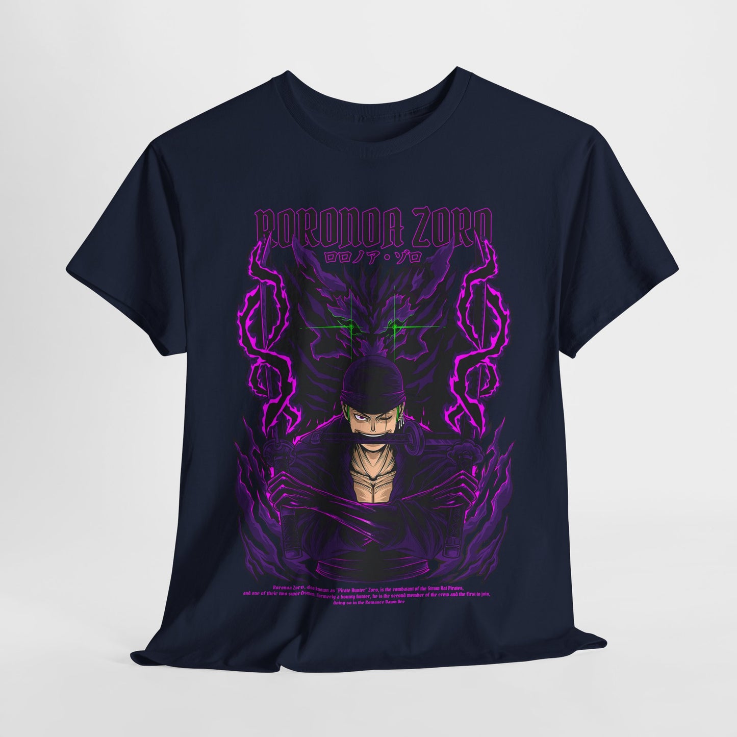 Sophisticated navy graphic tee presenting Roronoa Zoro in a captivating pose, adorned with vibrant purple accents and expressive artistry, ideal for stylish anime fans.