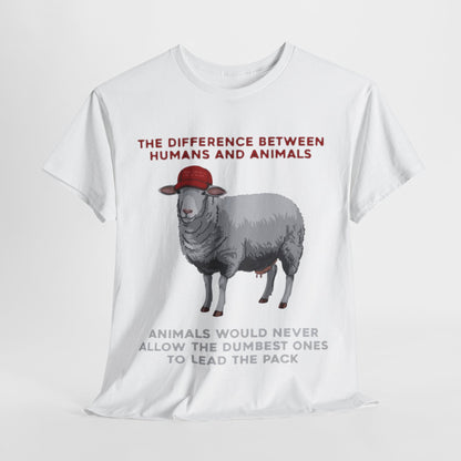Chic white t-shirt with artistic illustration of a sheep in a red cap, accompanied by thought-provoking text, a perfect choice for individuals valuing humour and sophistication.