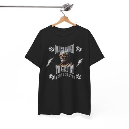 Refined black t-shirt hanging gracefully, featuring a distinctive design with 'Do Just Enough To Get By' phrase and an artistic portrait, a true statement piece for any wardrobe.