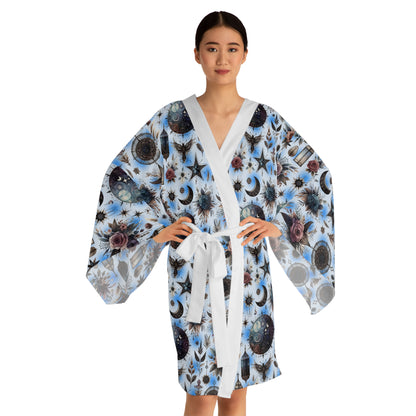 Luxurious Floral Kimono Robe featuring a captivating celestial and floral design, perfect for women's lounge wear. Crafted for elegance and comfort.