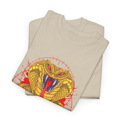 Chic folded Cobra Kai T-shirts with a captivating yellow cobra illustration, combining comfort and style for the discerning martial arts enthusiast.