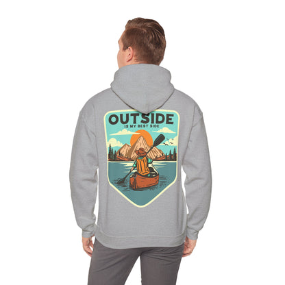 Elevate your outdoor style with this luxurious retro hoodie featuring a stunning kayaker design against a serene mountain and sunrise backdrop, showcasing the inspirational phrase 'OUTSIDE IS MY BEST SIDE'.