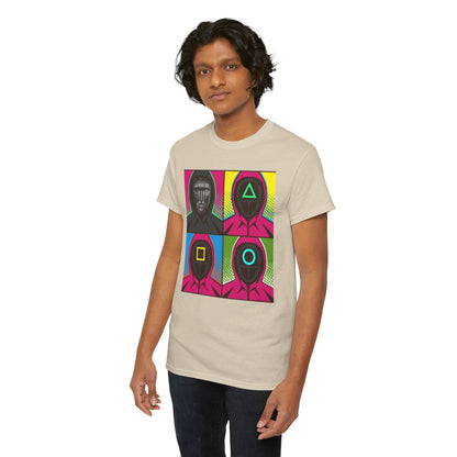 Model standing in Squid Game Pop Art Unisex T-Shirt, featuring a dynamic graphic of masked characters in a colourful pop art style.