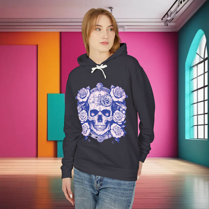 Elegant Steampunk Skull Roses Lightweight Hoodie in black, showcasing a captivating skull and roses graphic, perfect for unisex streetwear, embodying urban chic style.
