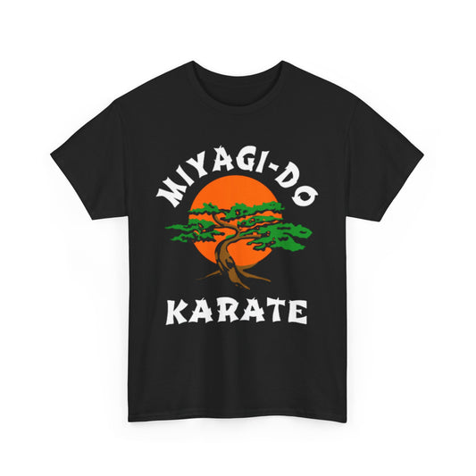 Luxury Miyagi-Do Karate graphic T-shirt design featuring a stylized tree against a vibrant orange sun, perfect for fans of Cobra Kai.