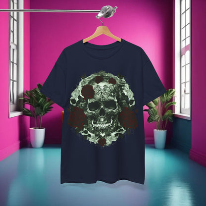 Skulls and Roses Cotton Tee displayed on a hanger in a vibrant room, highlighting its unique design and luxurious appeal for fashion lovers.