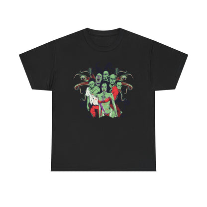 Elegant black men's T-shirt adorned with a captivating zombie graphic. This artistic depiction features a colourful ensemble of undead figures, perfect for making a bold fashion statement.